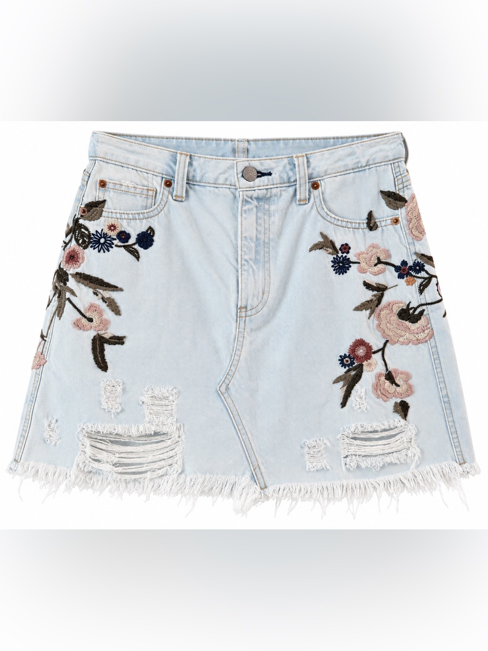 Abercrombie & Fitch Light Wash Embroidered Floral Denim Skirt - Size 27